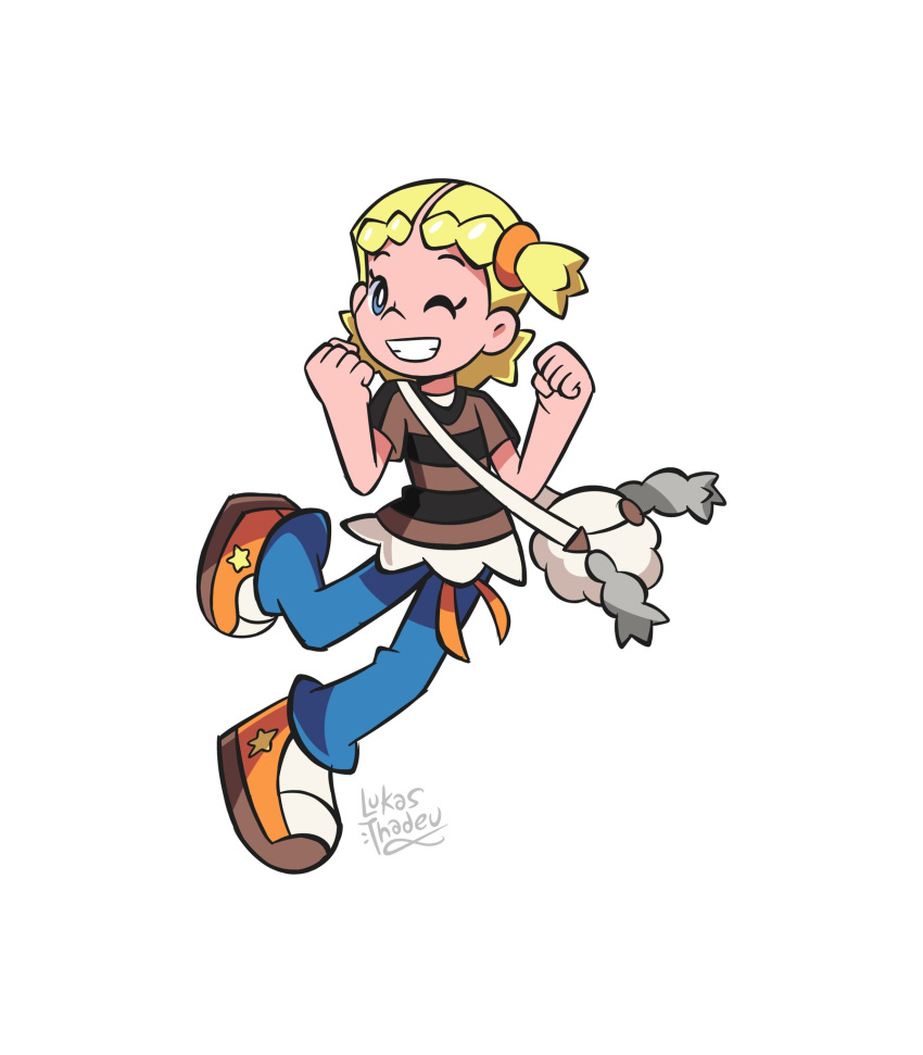 1girl, alternate_costume, blonde_hair, blue_eyes, blue_pants, bonnie_(pokemon), brown_shirt, gen_8_pokemon, grin, highres, lukas_thadeu, one_eye_closed, pants, pokemon, pokemon_(anime), pokemon_xy_(anime), shirt, side_ponytail, signature, simple_background, smile, solo, star_(symbol), star_print, striped, striped_shirt, tagme, undershirt, white_background, white_shirt, wooloo