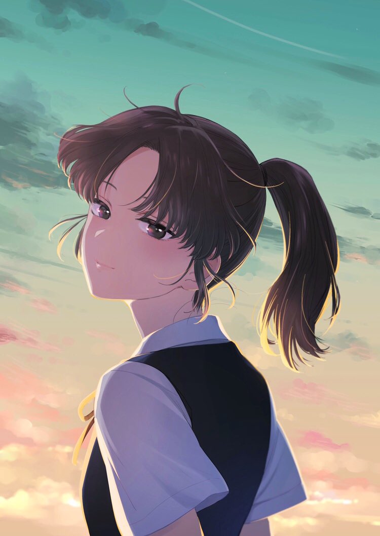 1girl, bangs, black_eyes, black_hair, closed_mouth, clouds, cloudy_sky, commentary_request