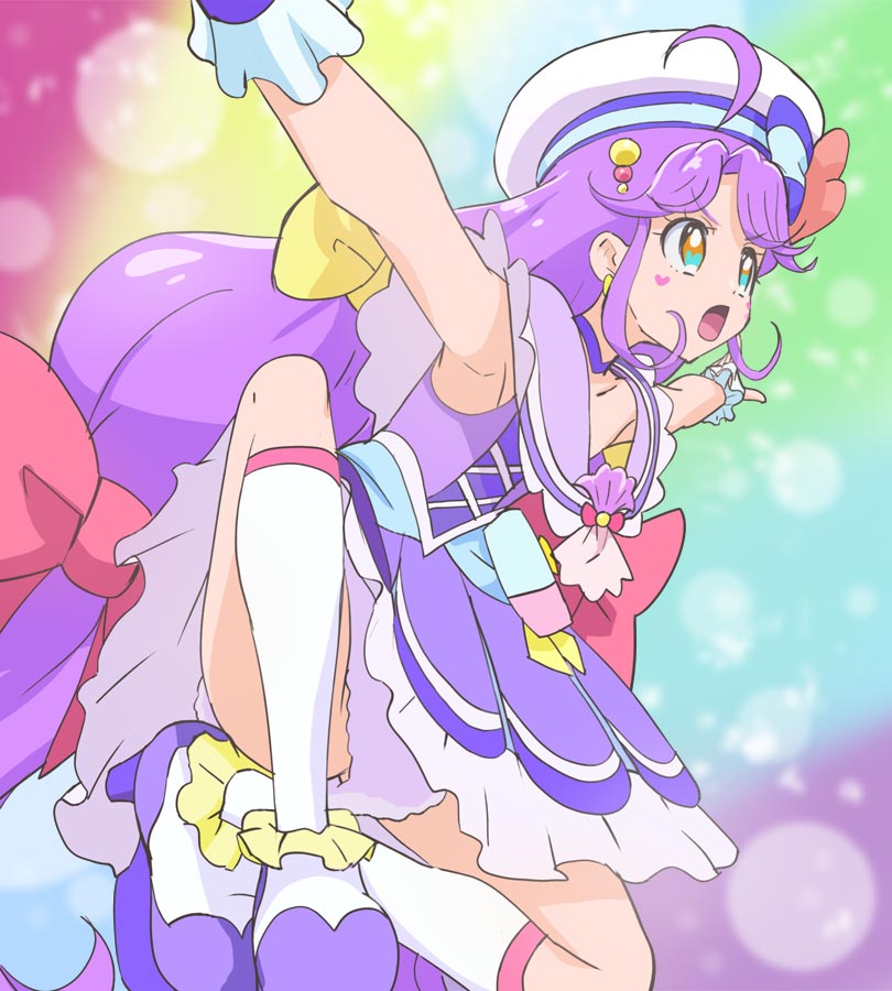 1girl, ahoge, brown_eyes, cure_coral, haruyama_kazunori, hat, kneeling, long_hair