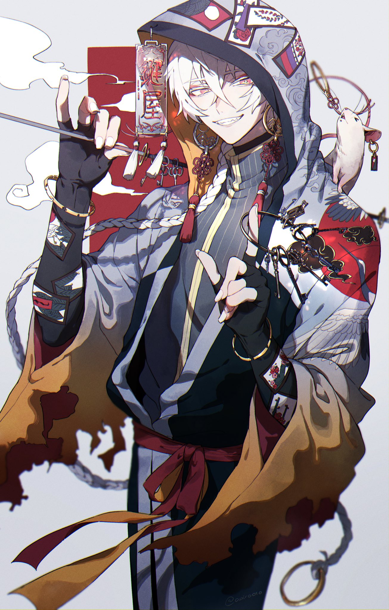 1boy, animal, animal_on_shoulder, aoppoi_oto, bangs, black_gloves, braid, crossed_bangs