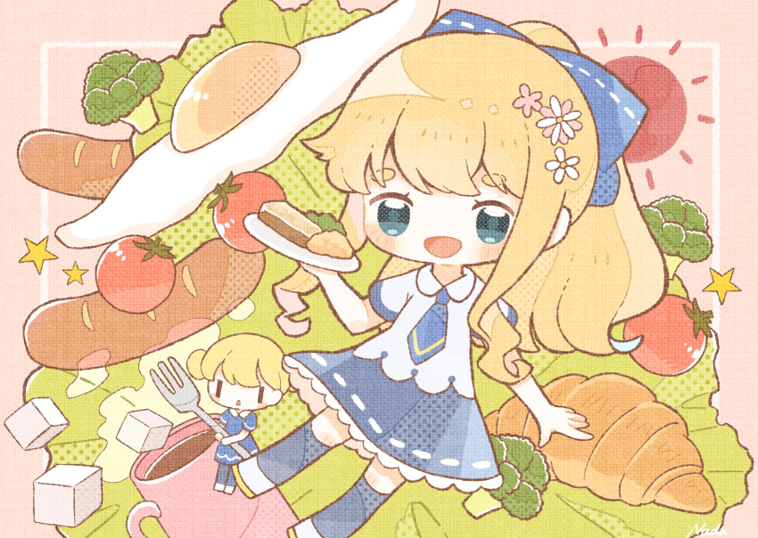 2girls, bangs, blonde_hair, blue_eyes, blue_legwear, blue_neckwear, blue_skirt, blush, bow, broccoli, chibi, croissant, cup, double_bun, egg, flower, food, fork, hair_bow, hair_flower, hair_ornament, highres, holding, holding_fork, holding_plate, long_hair, mug, multiple_girls, nada_namie, open_mouth, original, plate, ponytail, sausage, shirt, short_sleeves, sidelocks, signature, skirt, star_(symbol), steam, sugar_cube, sunny_side_up_egg, thigh-highs, tomato
