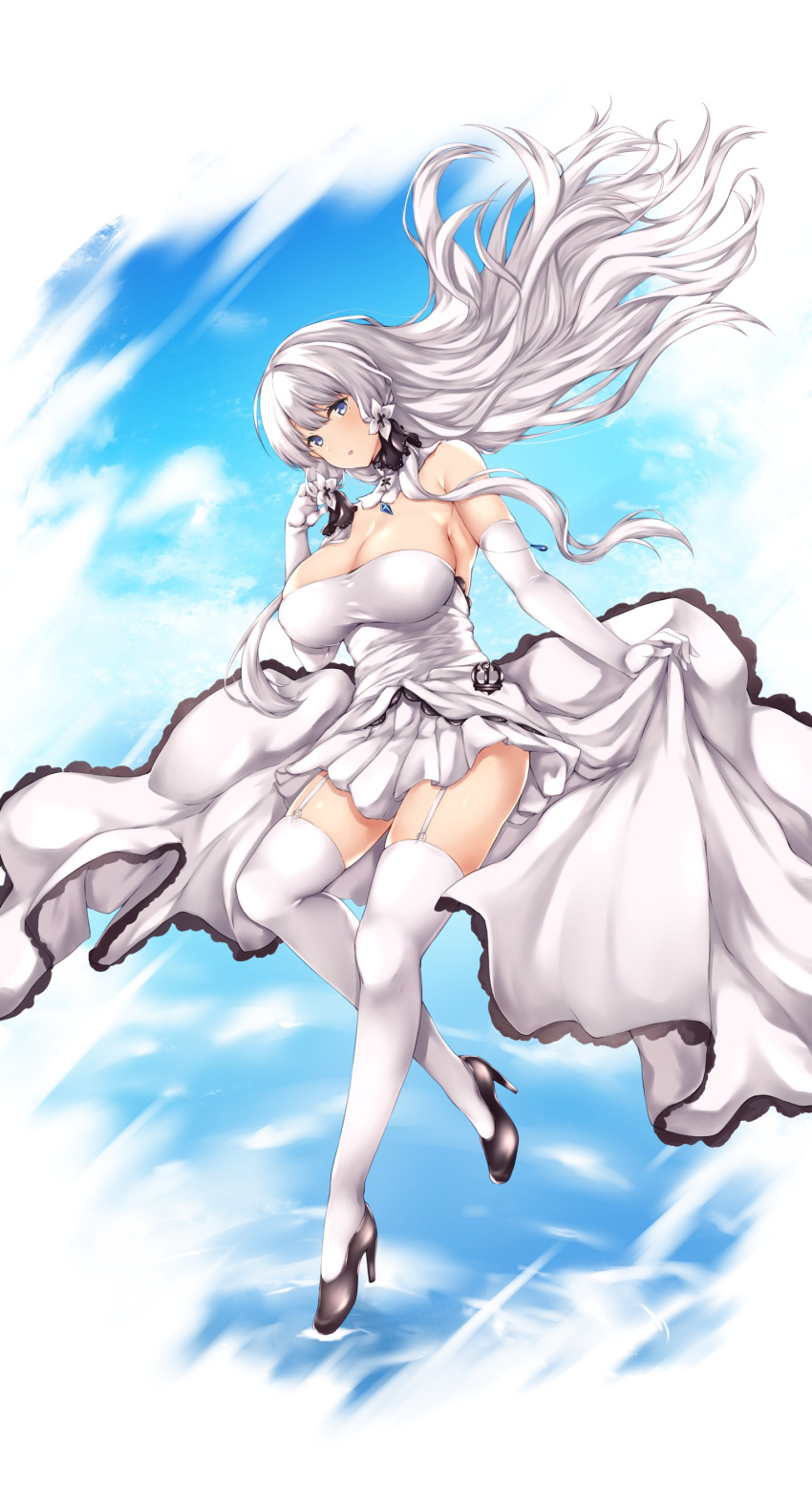 1girl, absurdres, azur_lane, bare_shoulders, black_footwear, black_ribbon, border, breasts