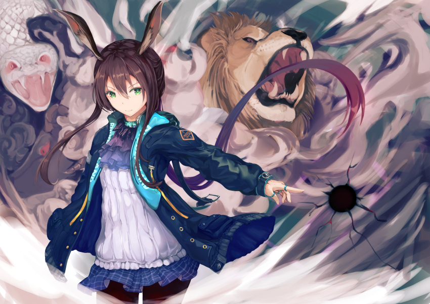 1girl, absurdres, amiya_(arknights), animal_ears, arknights, bangs, black_jacket, black_legwear