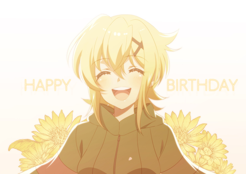 1girl, akatsuki_kirika, blonde_hair, blush, breasts, facing_viewer, flower, green_jacket