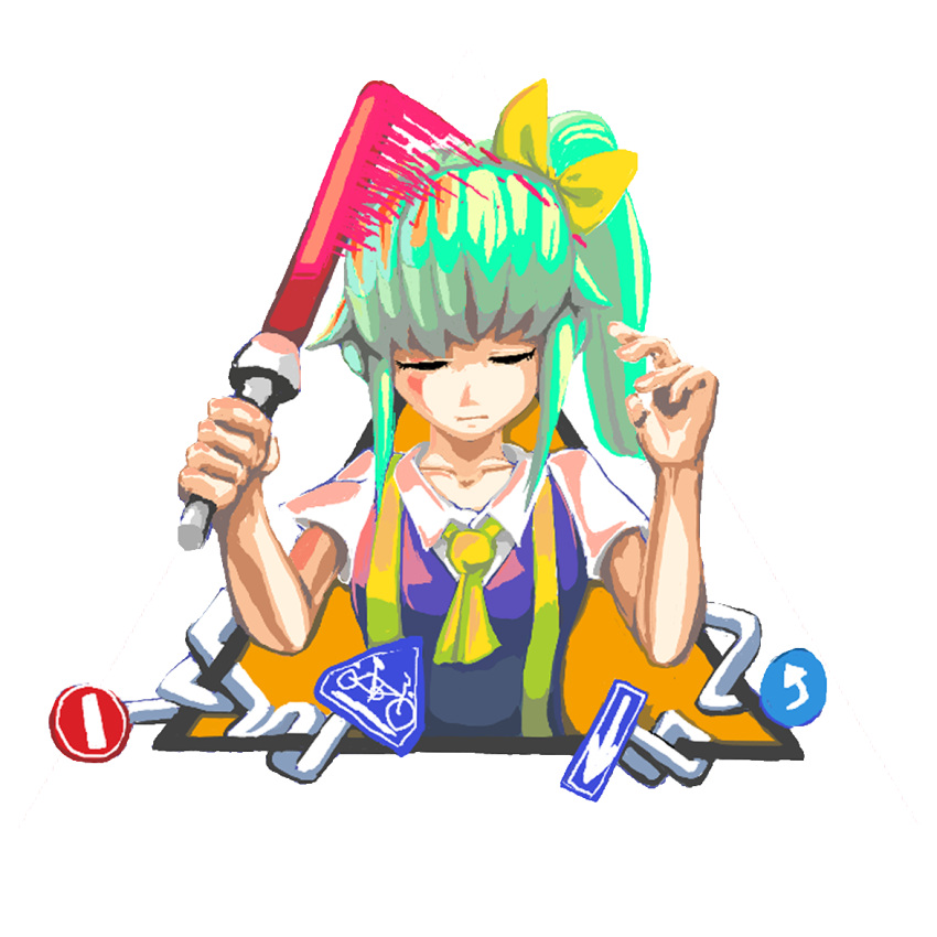 1girl, abeboukou, ascot, bangs, bicycles_only_sign, blue_dress, bow, closed_eyes
