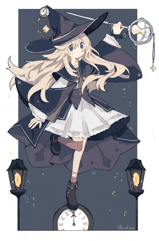 1girl, asymmetrical_legwear, bangs, black_footwear, black_headwear, blonde_hair, blue_eyes, blush