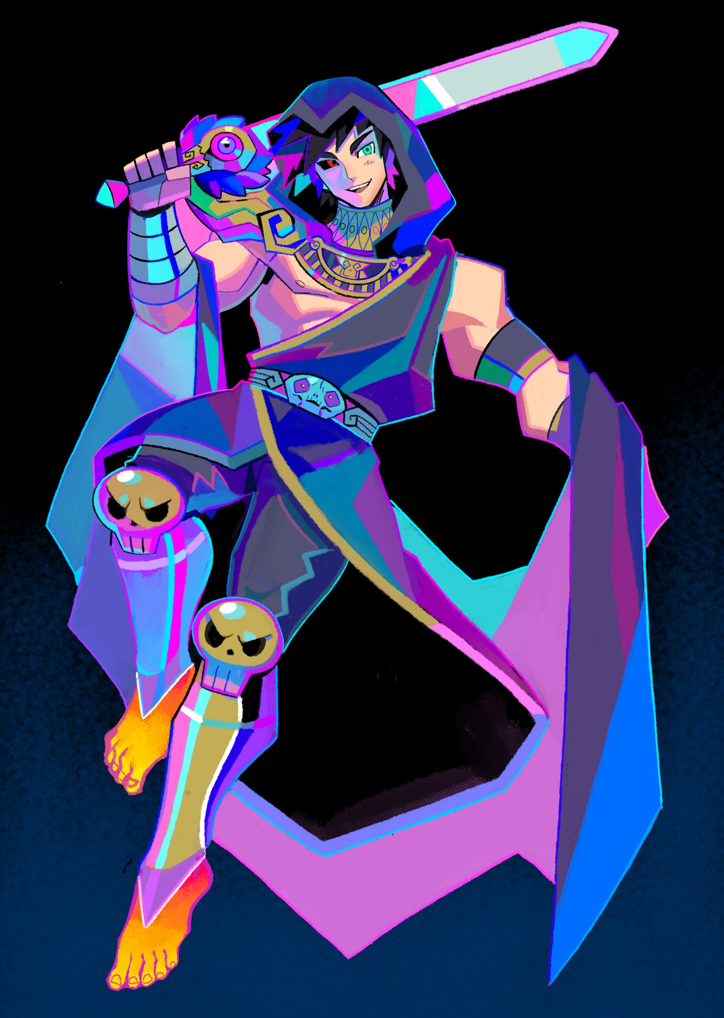 1boy, barefoot, black_background, black_hair, black_sclera, colored_sclera, cosplay, denaseey