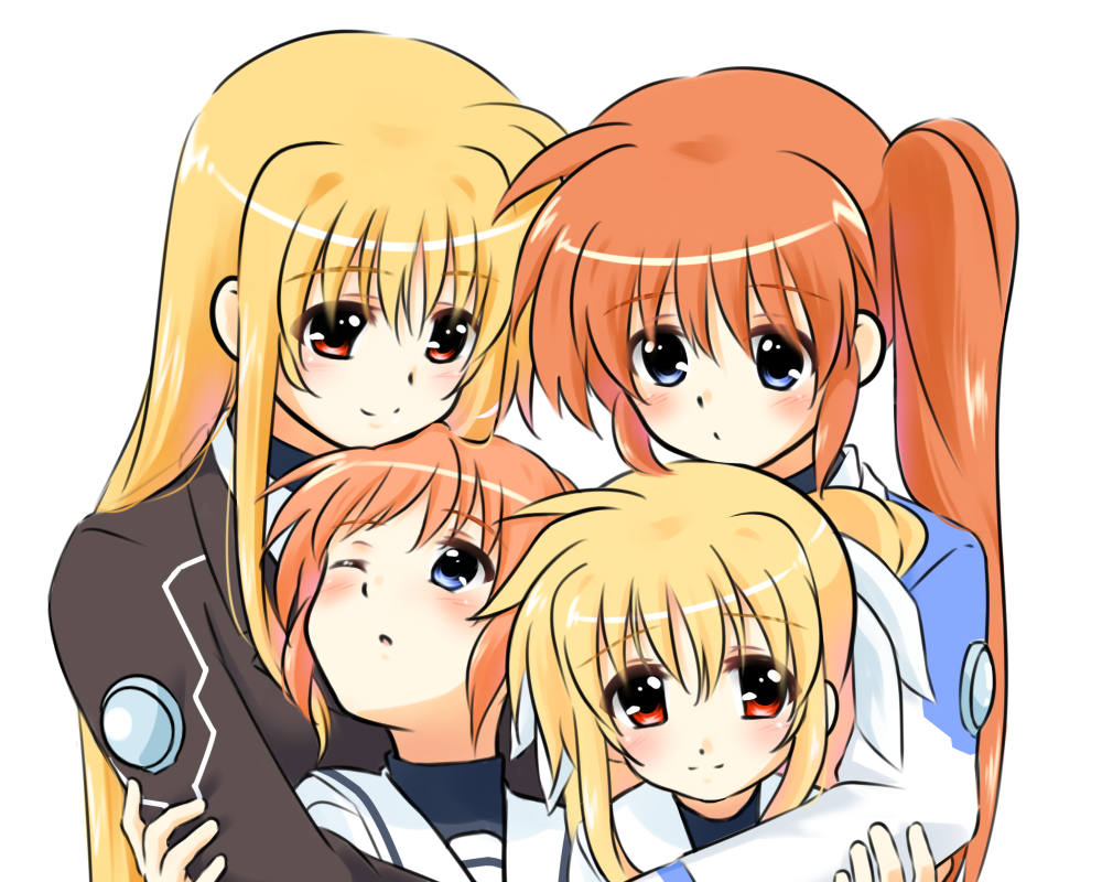 2girls, blonde_hair, blue_eyes, blush, couple, fate_testarossa, hair_ribbon, happy