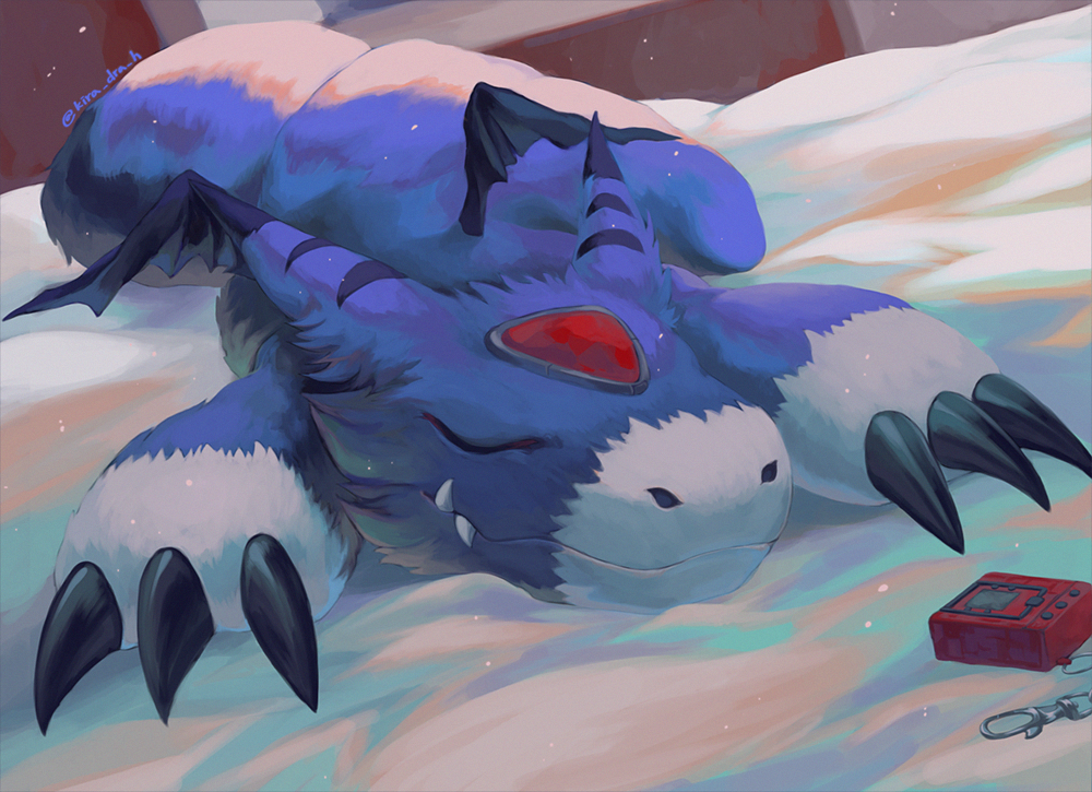 claws, closed_eyes, commentary_request, digimon, digimon_(creature), digital_media_player, dorumon, dutch_angle