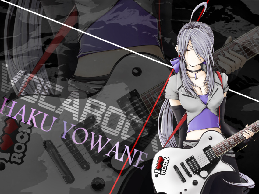 alternate_costume, breasts, cleavage, closed_eyes, guitar, huge_breasts, i_sing_for_you_(vocaloid), instrument, large_breasts, long_hair, midriff, mujun_(zipper), silver_hair, vocaloid, voyakiloid, yowane_haku, zipper