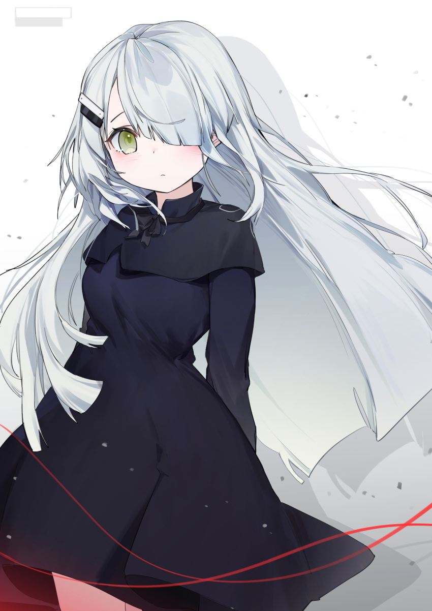 1girl, black_dress, dress, green_eyes, hair_ornament, hair_over_one_eye, highres, long_hair