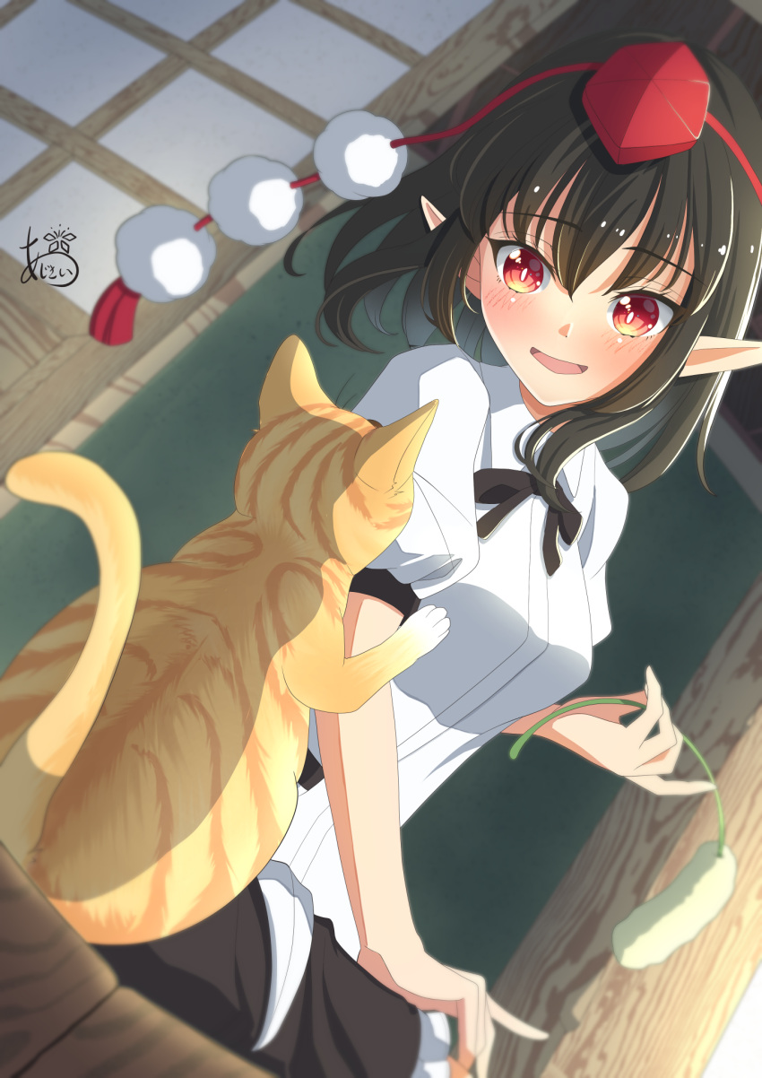1girl, amanoyayuki, black_headwear, black_skirt, blush, bright_pupils, cat, cat_teaser