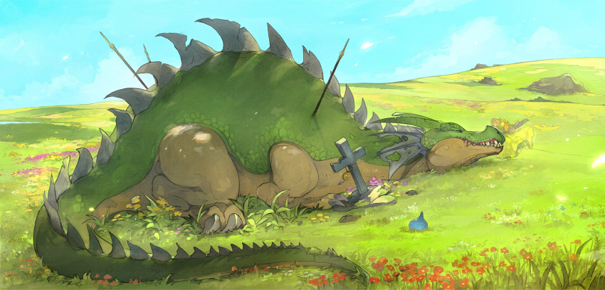 1girl, dragon, dragon_quest, dress, frilled_dress, frills, ghost, highres, hill, hld_doreko, impaled, no_wings, petting, polearm, size_difference, sky, slime_(dragon_quest), spear, tail, teeth, tombstone, weapon