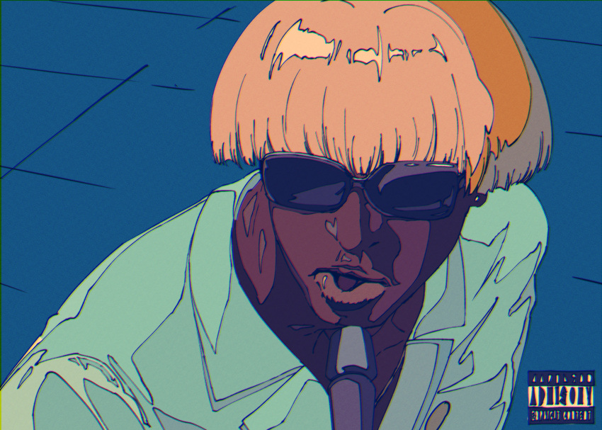 1boy, absurdres, aqua_jacket, bangs, blonde_hair, bowl_cut, cogecha, dark_skin, dark_skinned_male, flat_color, highres, jacket, ligne_claire, real_life, sailor_moon_redraw_challenge, shadow, short_hair, solo, suit_jacket, sunglasses, tyler_the_creator