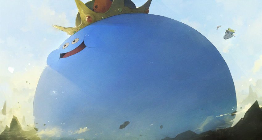 1girl, angel_slime, clouds, crown, dragon_quest, floating_rock, flying_nimbus, giant, giant_monster, highres, hld_doreko, king_slime, landscape, mountain, sky, smile