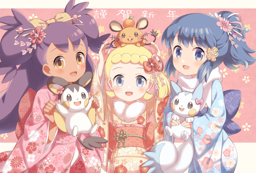 3girls, :d, alternate_costume, bangs, blonde_hair, blue_eyes, blue_hair, blue_kimono