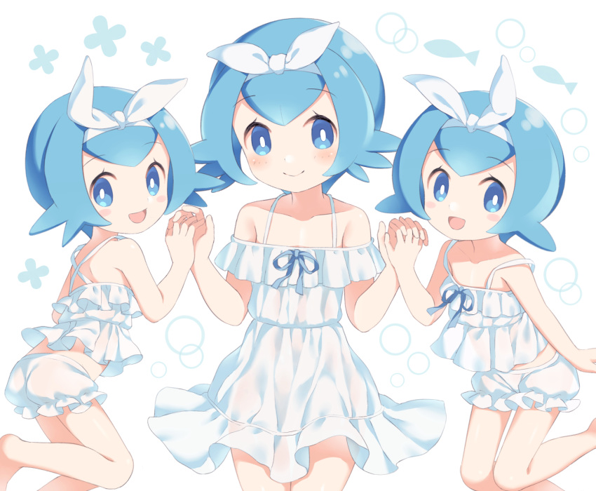 3girls, ass, blue_eyes, blue_hair, blush, bow_hairband, bright_pupils, closed_mouth, commentary_request, dress, eyelashes, hairband, hands_up, harper_(pokemon), highres, holding_hand, lana_(pokemon), looking_at_viewer, multiple_girls, no_sclera, open_mouth, pokemon, pokemon_(anime), pokemon_sm_(anime), porocha, ribbon, sarah_(pokemon), short_hair, siblings, sisters, smile, tongue, white_dress, white_hairband, white_pupils