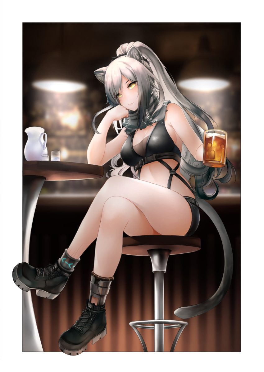 1girl, alcohol, animal_ears, arknights, bangs, bare_arms, bare_legs, bare_shoulders