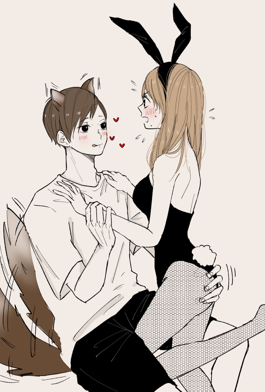 1boy, 1girl, 9xxvi9, alternate_costume, animal_ears, arm_grab, ass, ass_grab