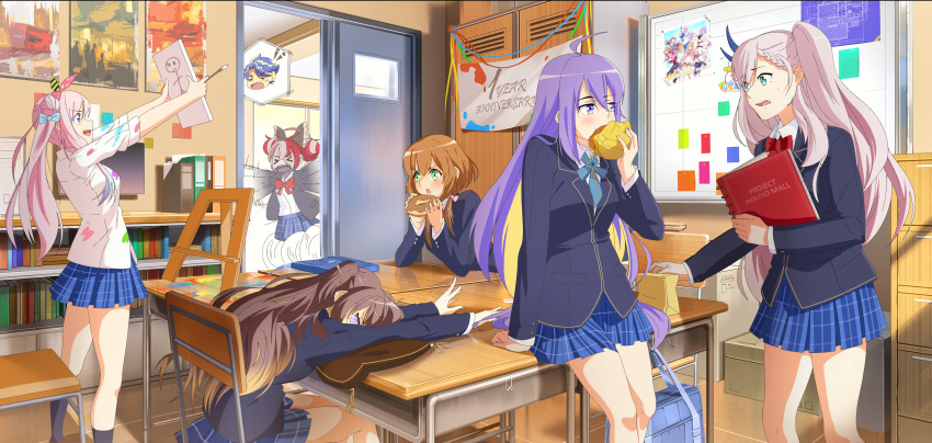 >_<, 6+girls, absurdres, ahoge, airani_iofifteen, alternate_costume, anniversary, anya_melfissa, arms_up, astel_leda, ayunda_risu, bag, banner, black_bow, blazer, blue_bag, blue_bow, blue_feathers, blue_jacket, blue_neckwear, blue_ribbon, blue_skirt, blueprint, book, bookshelf, bow, box, brown_hair, cardboard_box, chair, classroom, colored_skin, computer, cushion, desk, don-chan_(usada_pekora), double_bun, doughnut, easel, eating, elbows_on_table, fangs, fast_food, feathers, file, file_cabinet, folder, food, gradient_hair, green_eyes, green_ribbon, grey_hair, grey_legwear, grey_skin, hair_bow, hair_bun, hair_feathers, hair_ribbon, hamburger, head_on_pillow, highres, holding_drawing, hololive, hololive_indonesia, inset, jacket, keiraworks, kureiji_ollie, locker, long_hair, looking_at_another, monitor, moona_hoshinova, motion_lines, multicolored_hair, multiple_girls, open_mouth, outstretched_arms, paint_on_clothes, paint_splatter, painting_(object), pavolia_reine, pink_bow, pink_hair, pink_ribbon, plaid, plaid_skirt, pleated_skirt, purple_hair, red_bow, redhead, ribbon, school_bag, school_chair, school_uniform, shirt, side_ponytail, sidelocks, sideways_glance, skirt, socks, star_ornament, stick_figure, stitched_face, stitches, sweatdrop, talking, tassel, two-tone_hair, two_side_up, very_long_hair, violet_eyes, wheel_o_feet, white_shirt, whiteboard, yellow_eyes