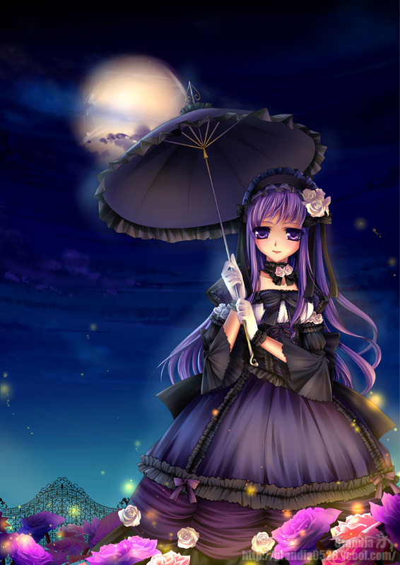 fireflies, firefly, flower, frills, full_moon, gate, gloves, grandia_(artist)