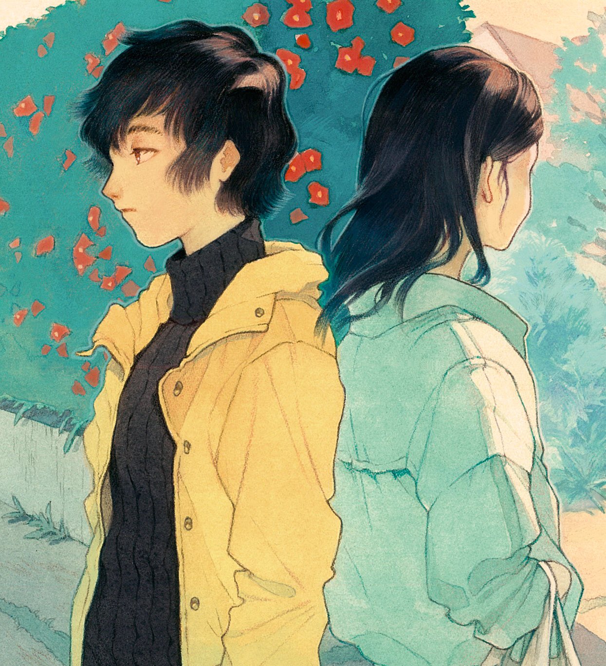 1boy, 1girl, black_hair, black_shirt, bush, expressionless, facing_away, flower
