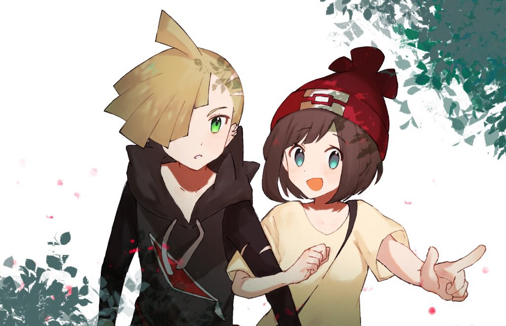 1boy, 1girl, :d, ahoge, bangs, beanie, blonde_hair, brown_hair
