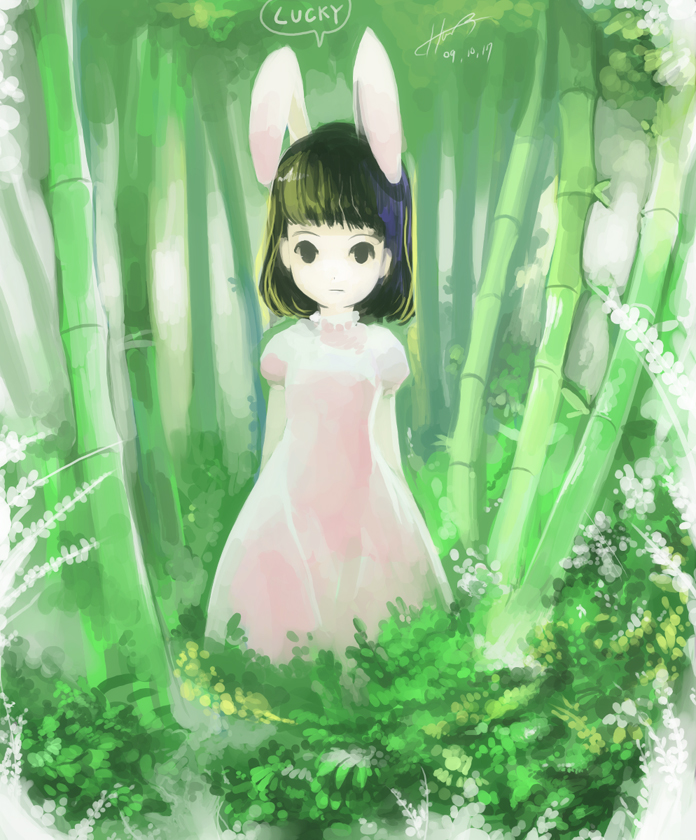 bamboo, bamboo_forest, bangs, black_hair, blunt_bangs, bunny_ears, english, expressionless