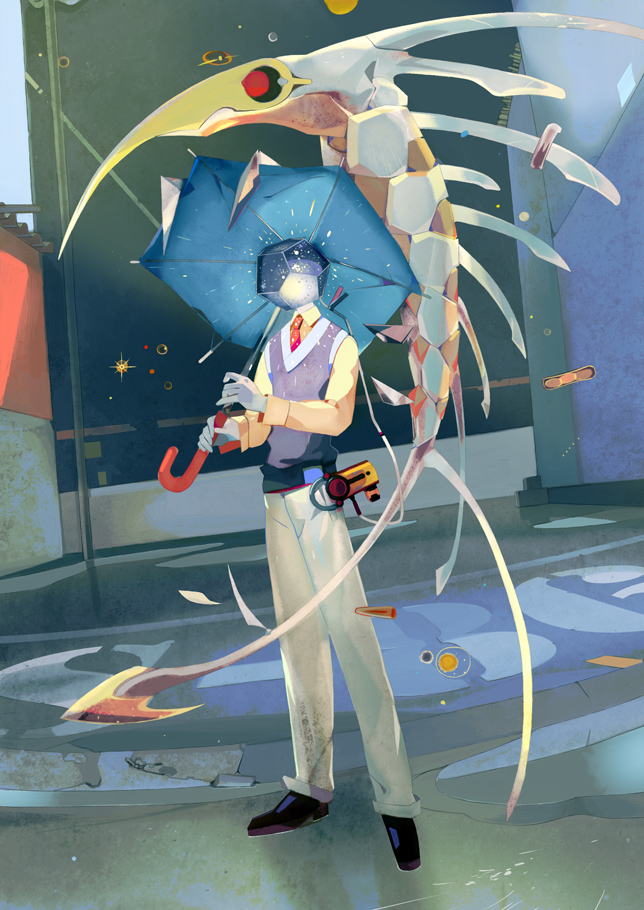 1other, black_footwear, collared_shirt, dodecahedron, full_body, holding, holding_umbrella, long_sleeves