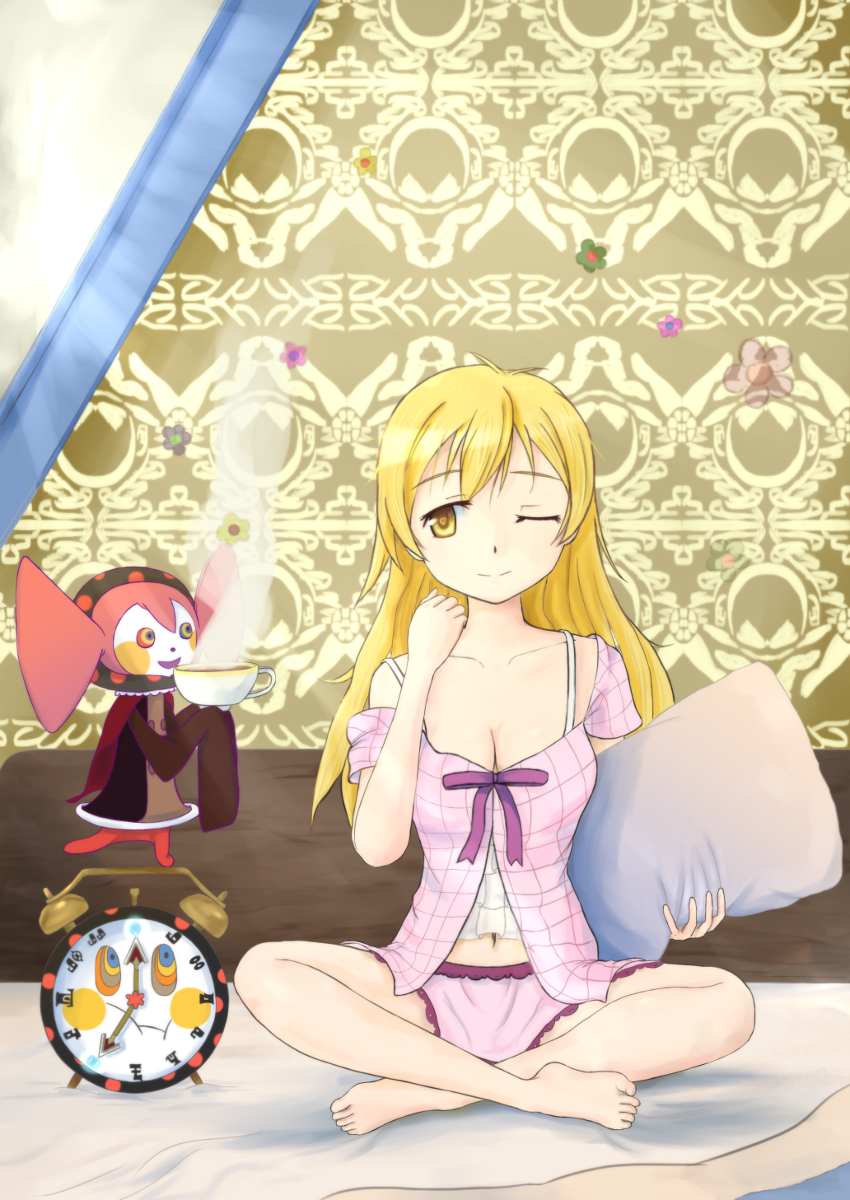 blonde_hair, breasts, charlotte_(madoka_magica), clock, cup, feet, futon, highres, keicha_(kmoekaki), long_hair, mahou_shoujo_madoka_magica, medium_breasts, navel, one_eye_closed, pajamas, pillow, pink_pajamas, pink_shirt, pink_shorts, purple_ribbon, ribbon, shirt, shorts, tea, tomoe_mami, witch_(madoka_magica), yellow_eyes