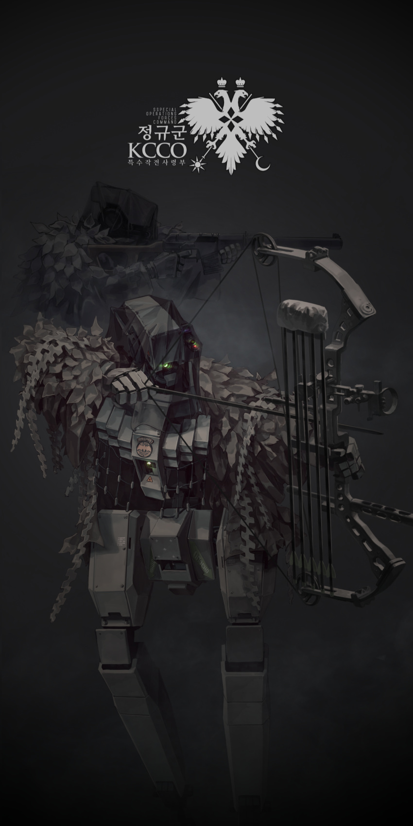 absurdres, assault_rifle, bow_(weapon), compound_bow, drawing_bow, ghillie_suit, girls_frontline, gun