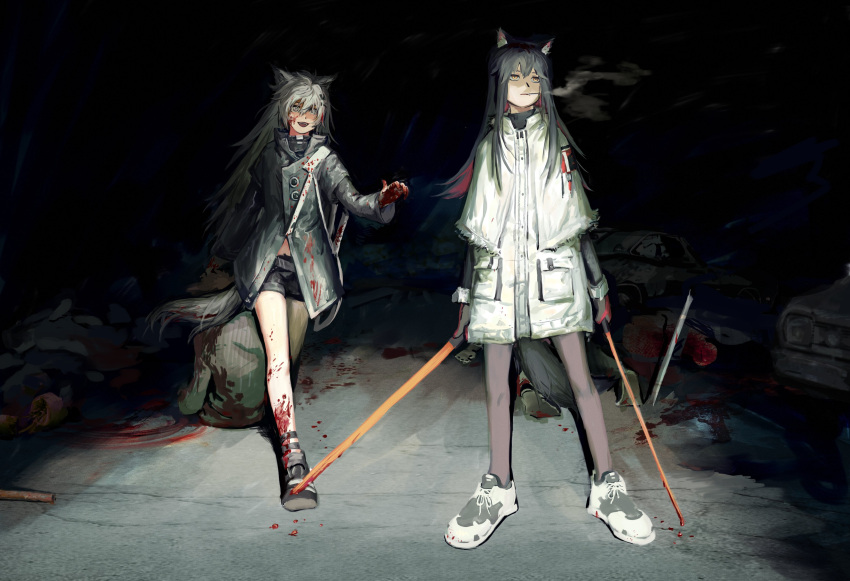 2girls, absurdres, animal_ear_fluff, animal_ears, arknights, bare_legs, black_footwear, black_gloves