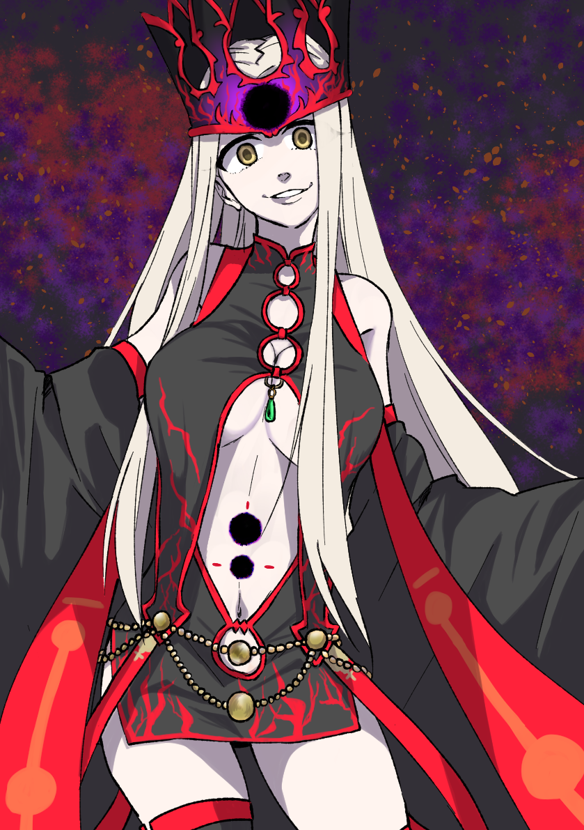 1girl, black_sleeves, breasts, breasts_apart, crown, dark_persona, detached_sleeves, dress_of_heaven