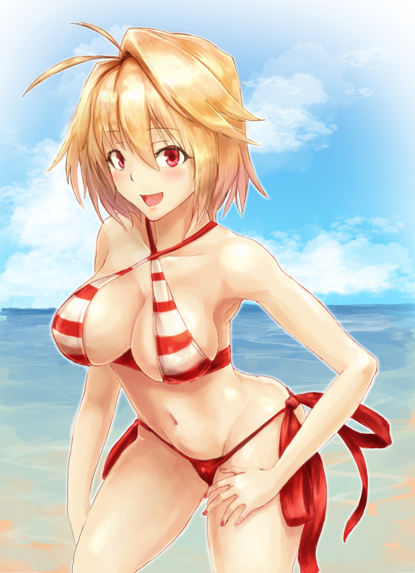 1girl, arcueid_brunestud, bangs, blon, cosplay, deadspike_nine, fate/grand_order, fate_(series), highres, looking_at_viewer, nero_claudius_(fate)_(all), nero_claudius_(swimsuit_caster)_(fate), nero_claudius_(swimsuit_caster)_(fate)_(cosplay), red_eyes, solo, tsukihime