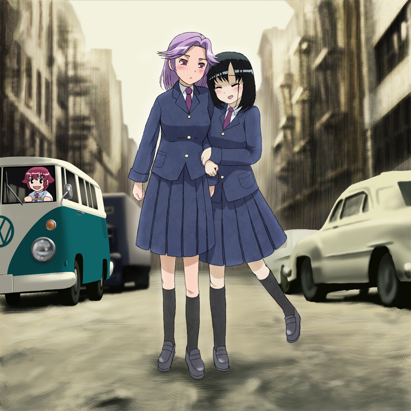 black_hair, blush, bob_dylan, closed_eyes, kajiki_yumi, kanbara_satomi, kneehighs, motor_vehicle, parody, purple_eyes, purple_hair, red_hair, redhead, richard_crazyman, saki, school_uniform, short_hair, skirt, socks, touyoko_momoko, van, vehicle, violet_eyes, volkswagen, yuri