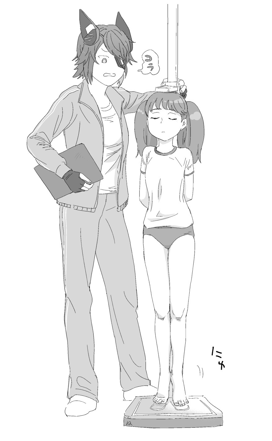 2girls, arms_behind_back, buruma, clipboard, closed_eyes, commentary_request, eyepatch, gloves