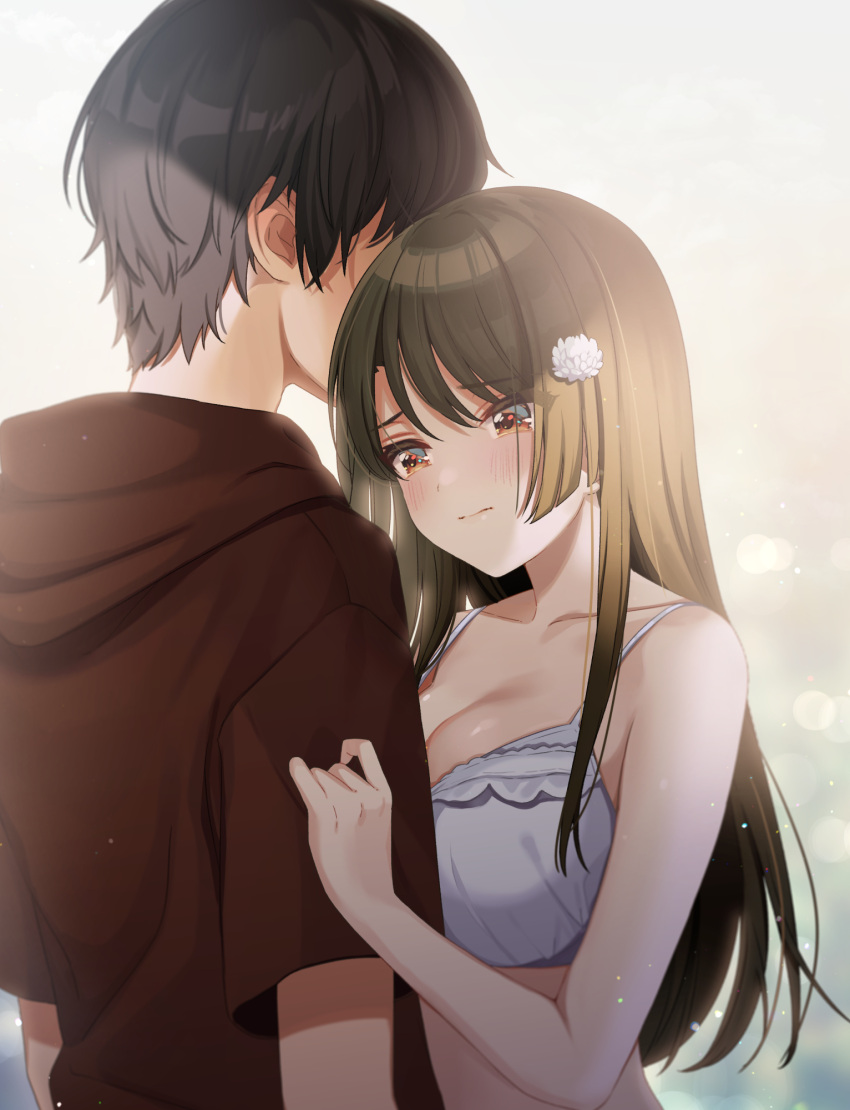 1boy, 1girl, bare_shoulders, black_hair, breasts, closed_mouth, eyebrows_visible_through_hair, eyelashes