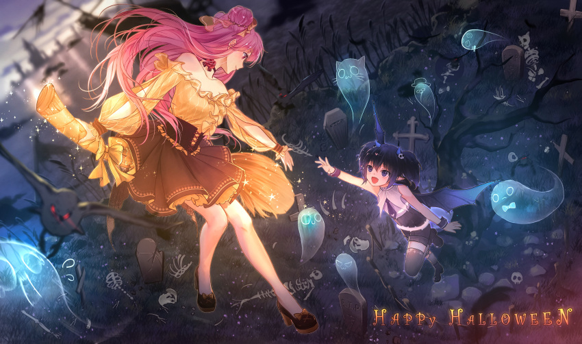 2girls, absurdres, bird, blue_eyes, broom, broom_riding, crow, dark_blue_hair
