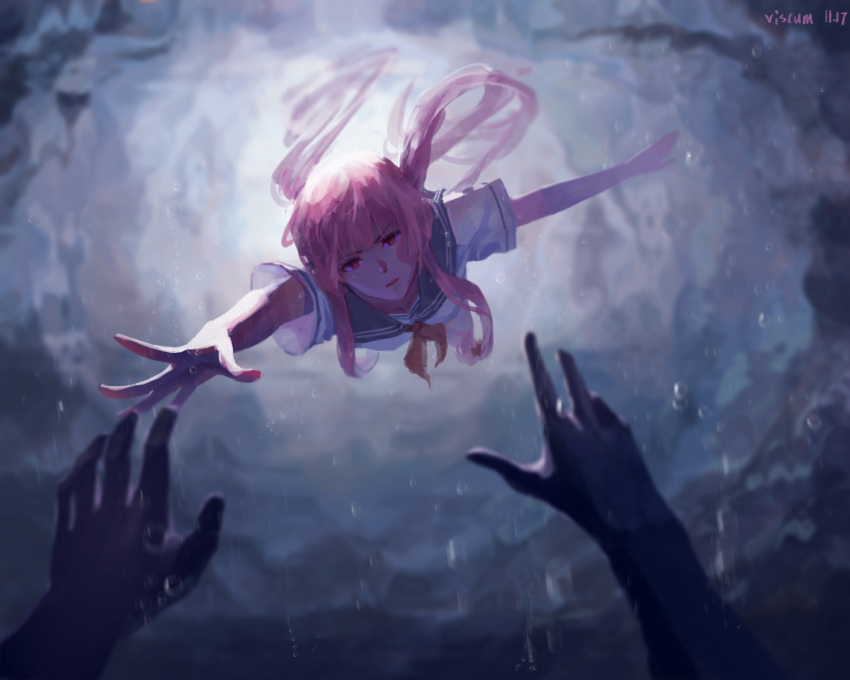 1girl, artist_name, bangs, collared_shirt, dated, floating_hair, gasai_yuno, highres, long_hair, looking_at_viewer, mirai_nikki, neckerchief, pink_hair, pov, reaching_out, red_eyes, red_neckwear, sailor_collar, sailor_shirt, school_uniform, serafuku, shirt, solo_focus, twintails, underwater, very_long_hair, viscum, white_shirt