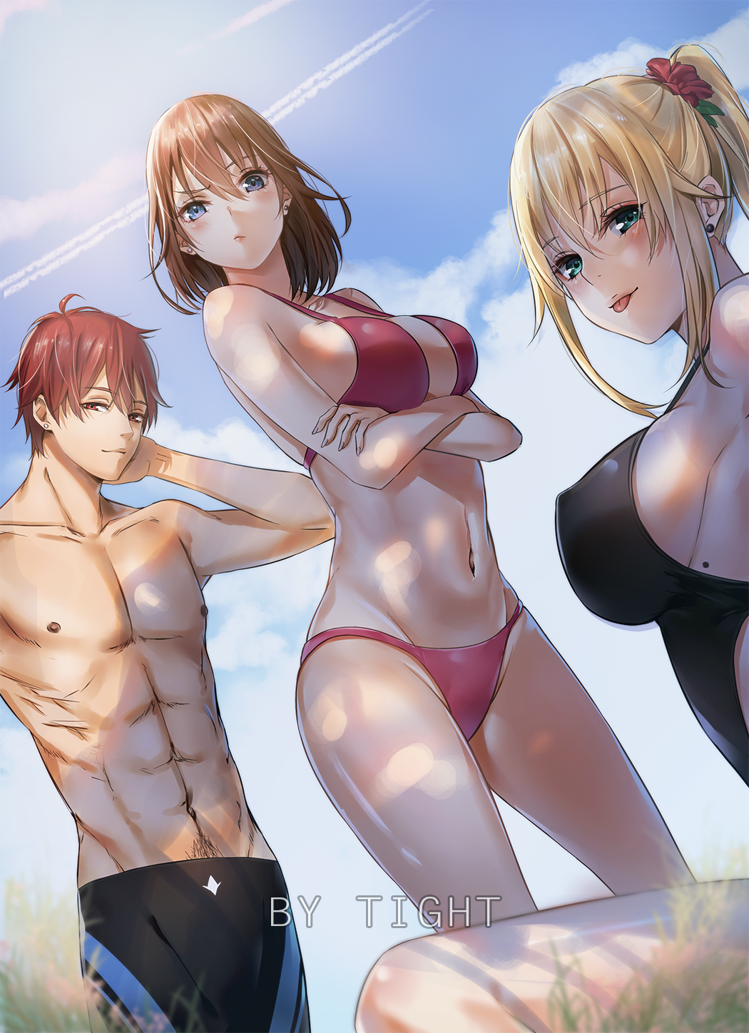 1boy, 2girls, bangs, bikini, black_swimsuit, blonde_hair, blue_eyes, breast_press