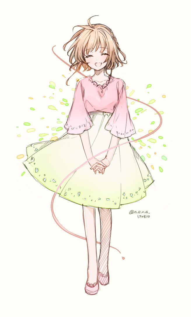 1girl, :d, blonde_hair, braid, cardcaptor_sakura, closed_eyes, collarbone, facing_viewer