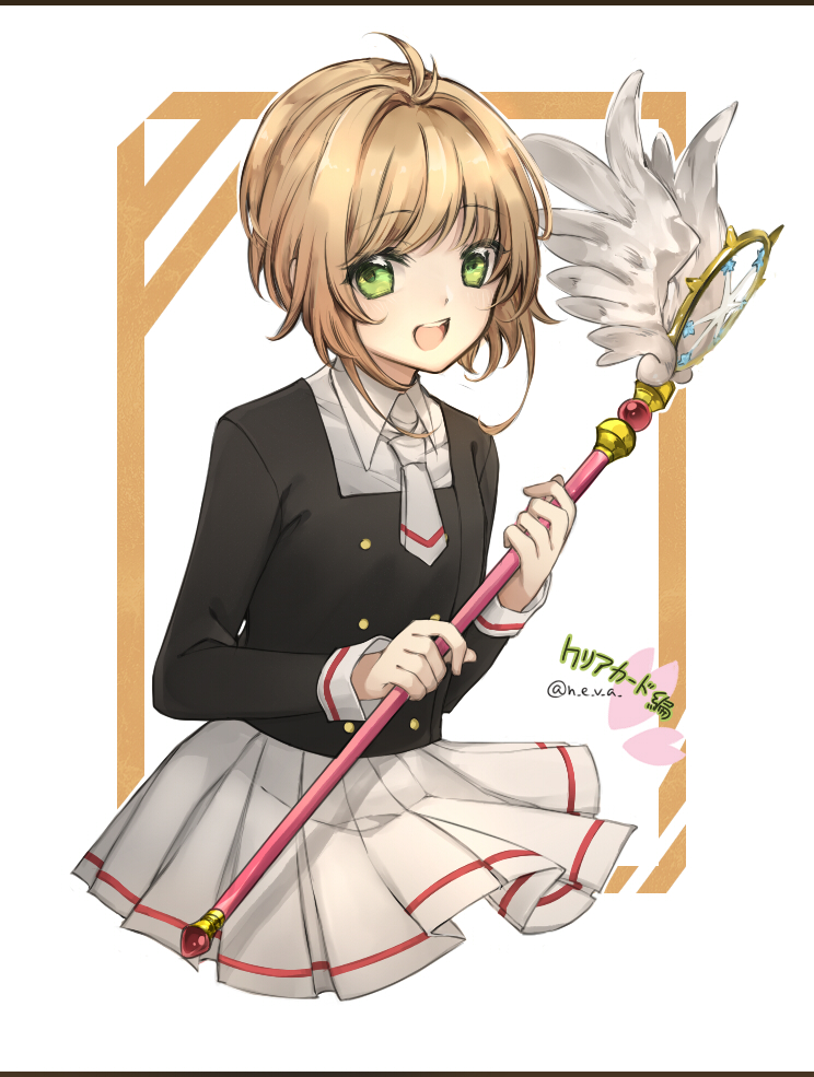 1girl, :d, antenna_hair, bangs, black_shirt, blonde_hair, border, cardcaptor_sakura