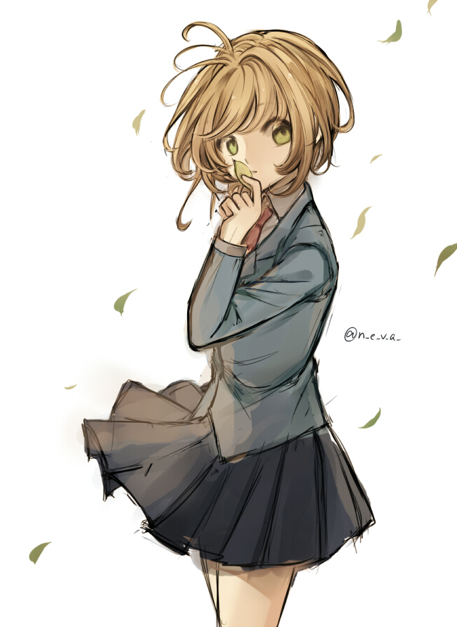 1girl, antenna_hair, bangs, black_skirt, blazer, blonde_hair, cardcaptor_sakura, collared_shirt, cowboy_shot, eyebrows_visible_through_hair, green_eyes, holding, jacket, kinomoto_sakura, long_sleeves, looking_at_viewer, medium_hair, miniskirt, necktie, neva_(n_e_v_a), parted_lips, pleated_skirt, red_neckwear, school_uniform, shirt, sketch, skirt, solo, swept_bangs, twitter_username, white_background, white_shirt, wing_collar