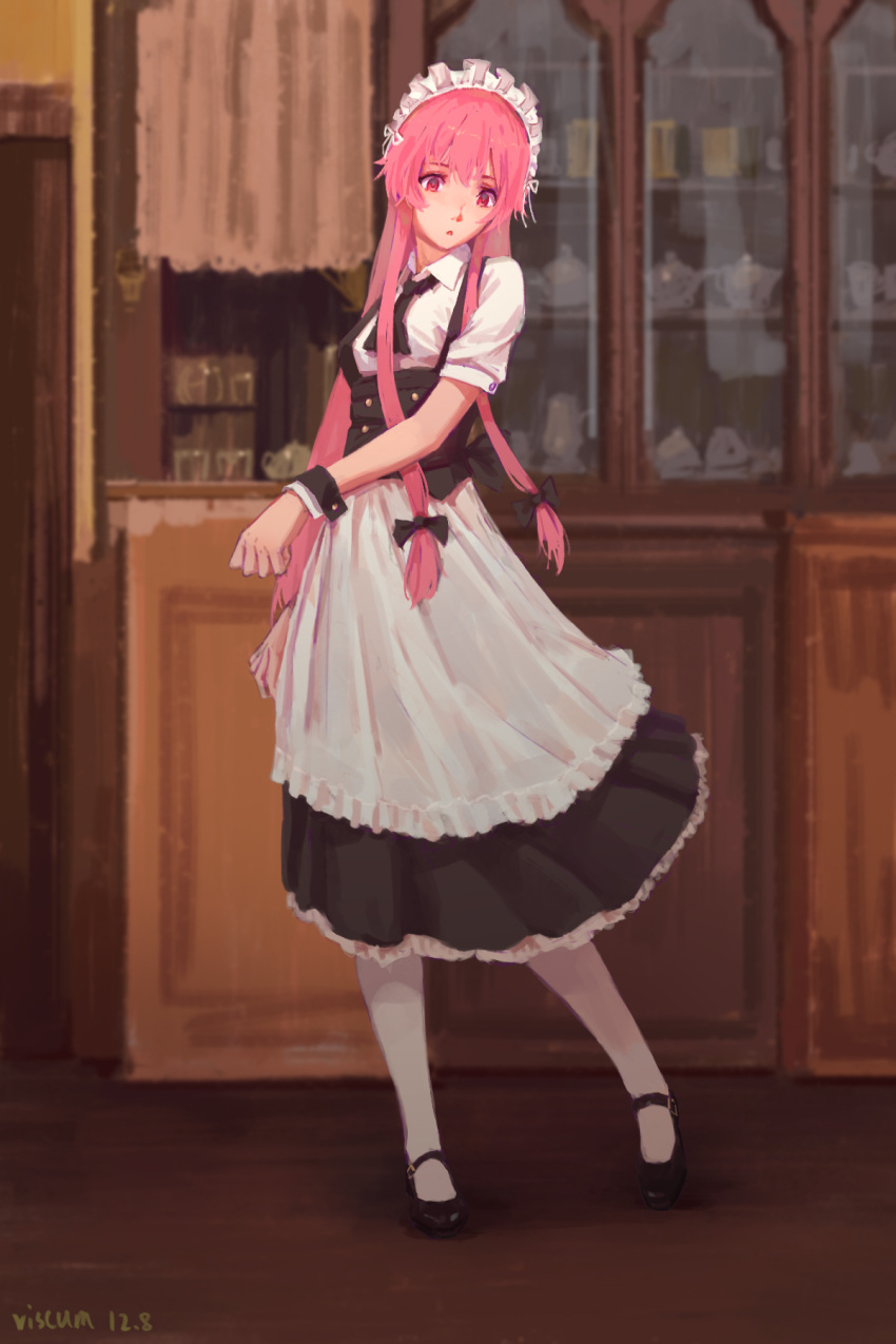 1girl, alternate_costume, apron, artist_name, black_bow, black_footwear, black_neckwear, black_skirt