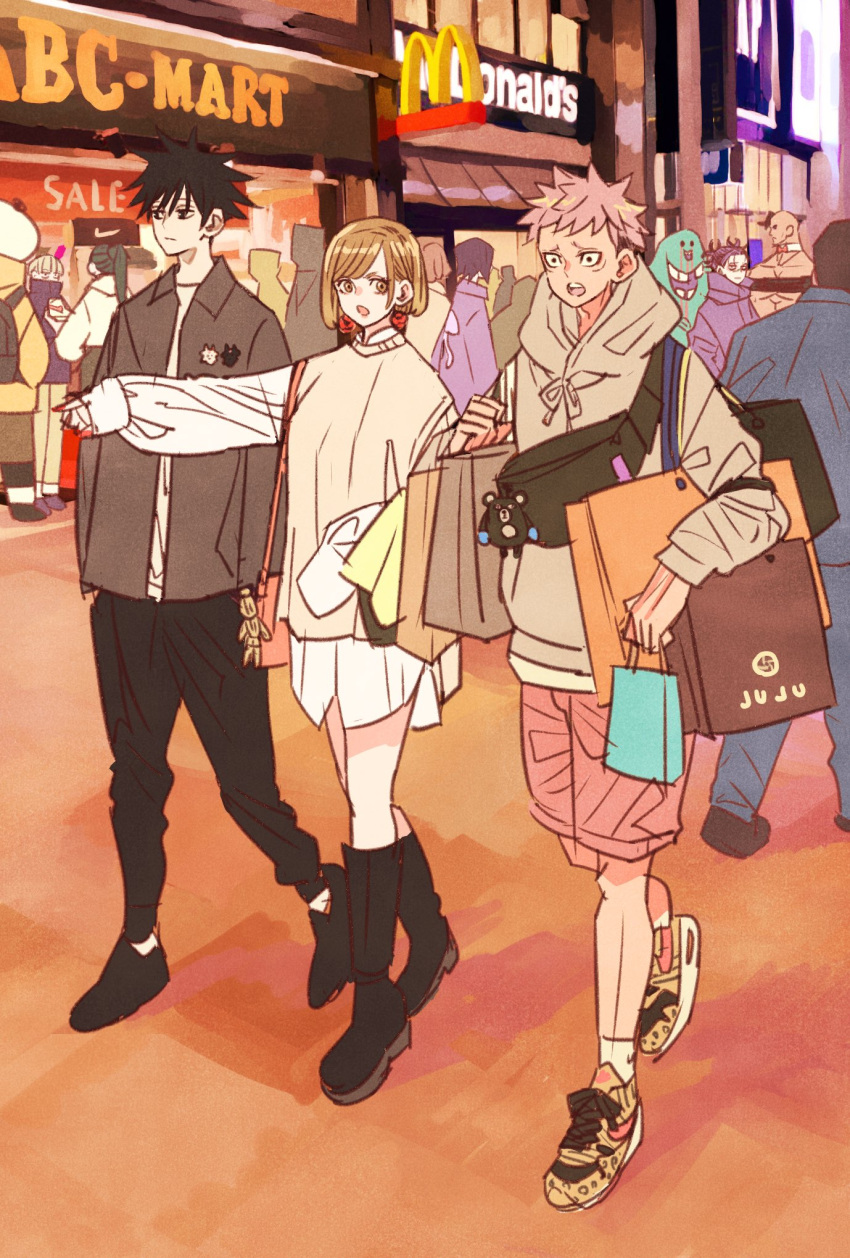 2girls, 5boys, animal, arm_up, bag, bangs, black_eyes, black_footwear