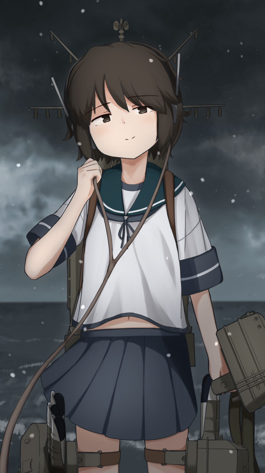 1girl, adapted_turret, black_eyes, black_hair, blue_skirt, cowboy_shot, highres, kantai_collection