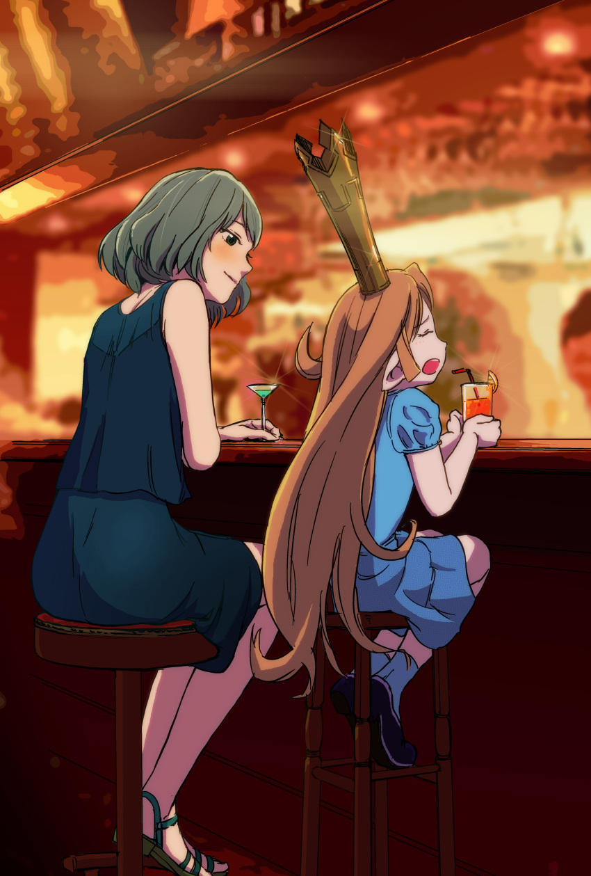 2girls, absurdres, bar, black_eyes, black_skirt, blue_dress, brown_hair, charlotta_fenia