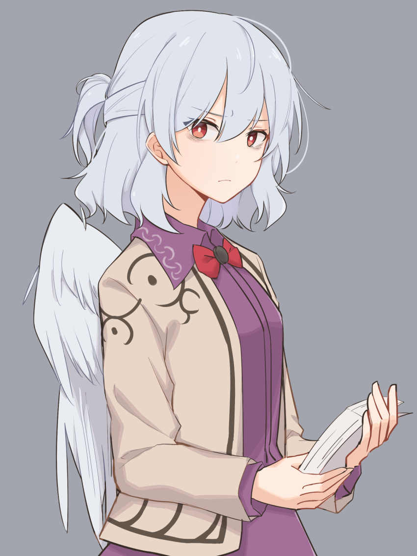 1girl, angel_wings, bags_under_eyes, beige_jacket, bow, breasts, bright_pupils, brooch