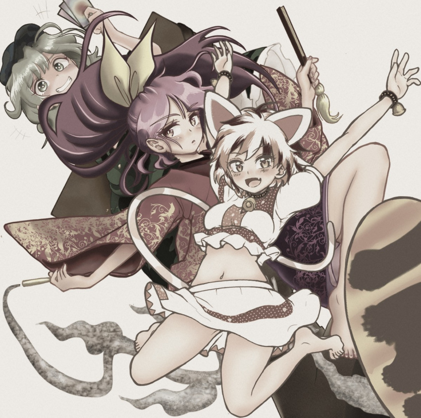 +++, 3girls, :d, :o, \o/, ahoge, animal_ears, arms_up