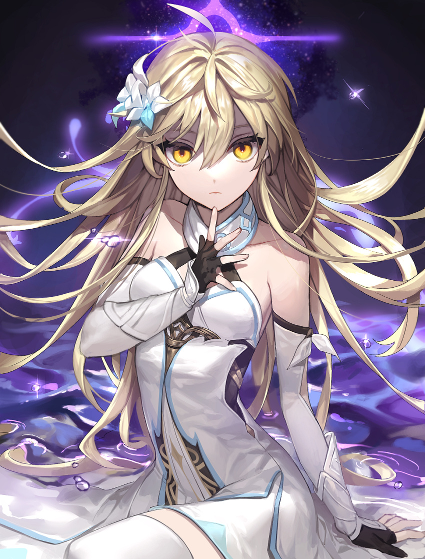 1girl, ahoge, alternate_hair_length, alternate_hairstyle, bangs, bare_shoulders, black_gloves, blonde_hair